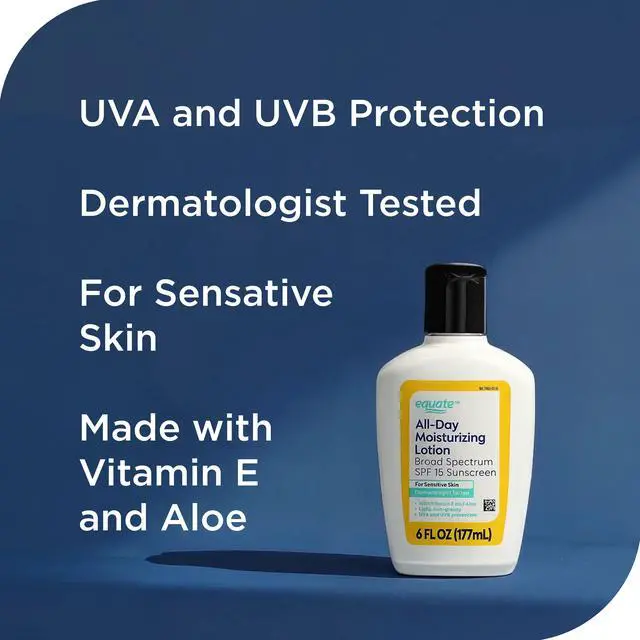 Alt view image 5 of 7 - Equate AllDay Moisturizing Lotion for Sensitive Skin, BroadSpectrum SPF 15 Sunscreen Face & Body Moisturizer, 6 fl oz