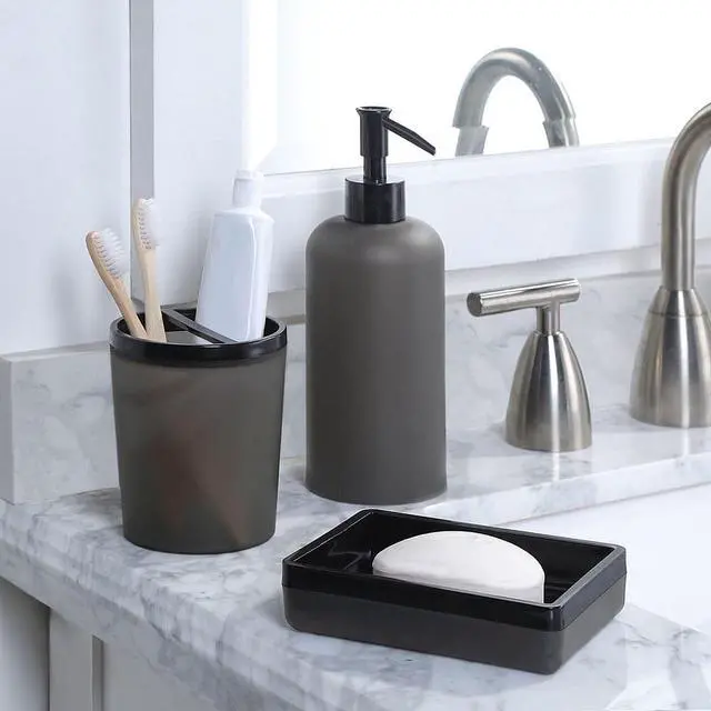 Alt view image 6 of 7 - Mainstays Frosted Black Plastic Soap Pump Dispenser, Refillable Liquid Soap Pump for Bathroom & Kitchen
