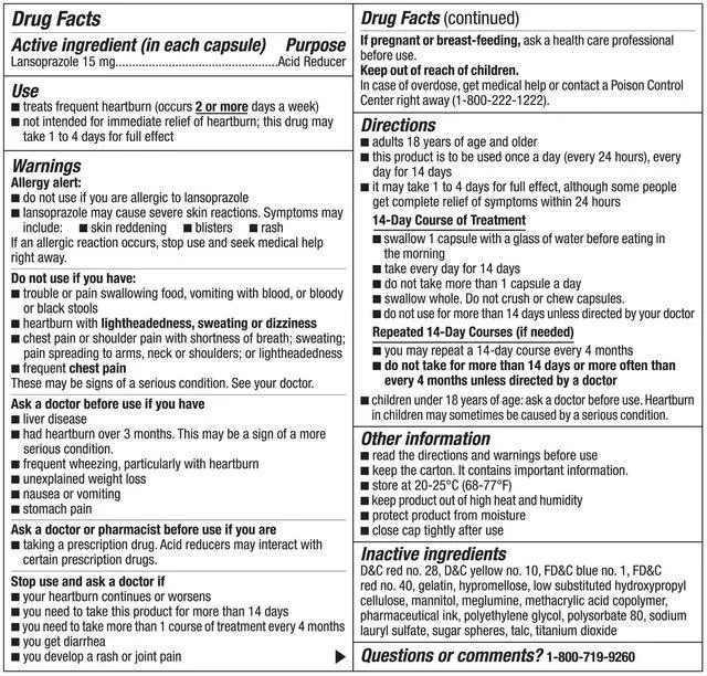 Alt view image 5 of 7 - Equate Lansoprazole DelayedRelease Capsules 15 mg, Acid Reducer, Compare to Prevacid 24 HR Active Ingredient, 42Count Per Bottle, 3Pack