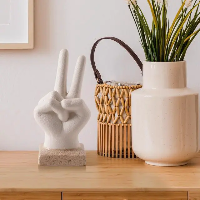 Alt view image 3 of 7 - **Mainstays Peace Hand Sign Figurine, White Ceramic Bohemian Home Decor Collection, 6.5" x 2.5" x 2.75" Decorative Tabletop Accent**