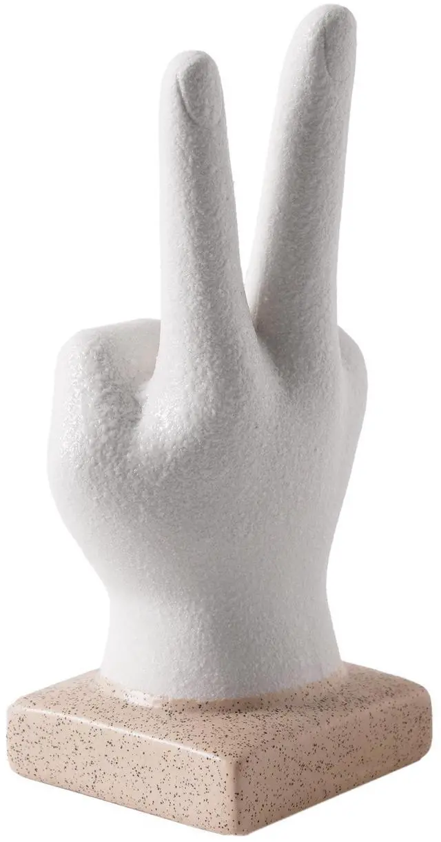 Main image of **Mainstays Peace Hand Sign Figurine, White Ceramic Bohemian Home Decor Collection, 6.5" x 2.5" x 2.75" Decorative Tabletop Accent**