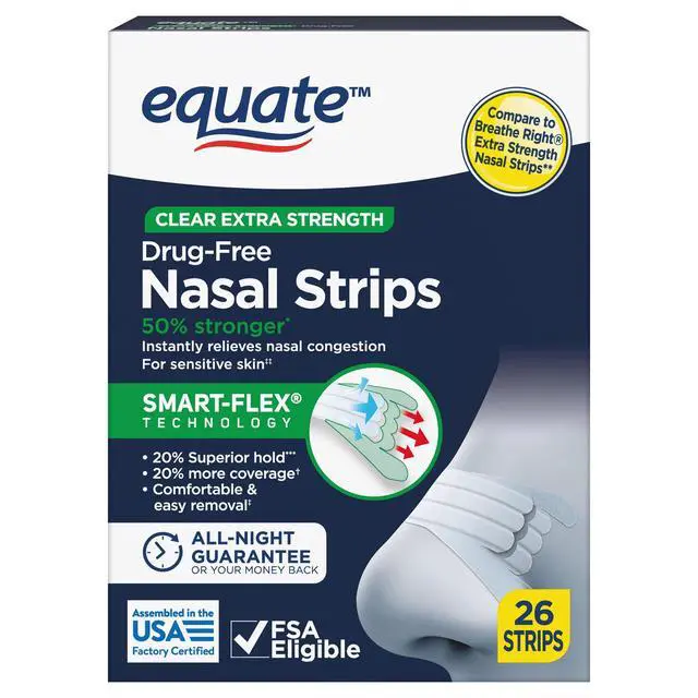 Alt view image 4 of 4 - Equate Extra Strength Clear Nasal Strips, 26 Count, SmartFlex Technology, Instant Relief for Nasal Congestion & Snoring, Compare to Breathe Right Extra Strength