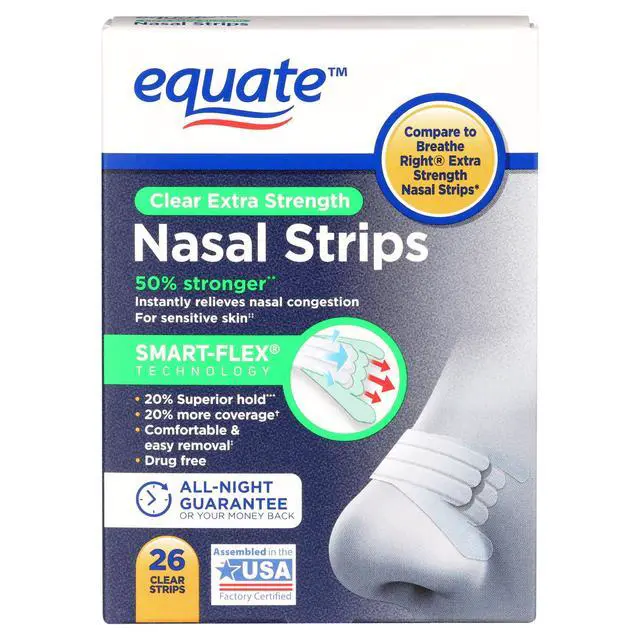 Alt view image 2 of 4 - Equate Extra Strength Clear Nasal Strips, 26 Count, SmartFlex Technology, Instant Relief for Nasal Congestion & Snoring, Compare to Breathe Right Extra Strength