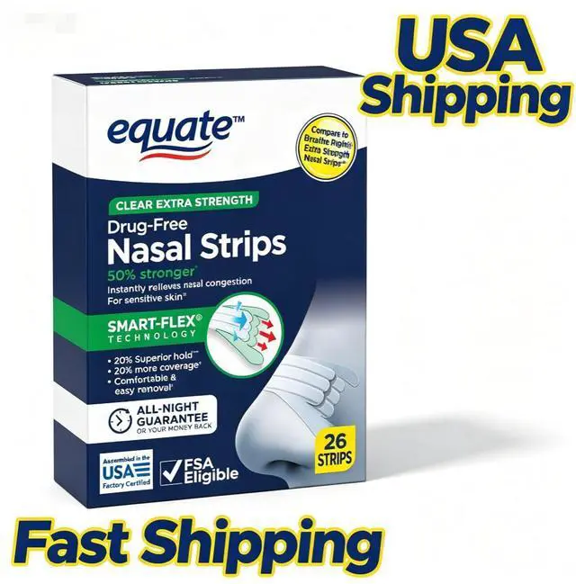 Main image of Equate Extra Strength Clear Nasal Strips, 26 Count, SmartFlex Technology, Instant Relief for Nasal Congestion & Snoring, Compare to Breathe Right Extra Strength