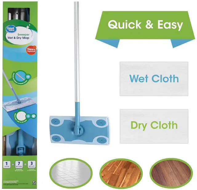 Alt view image 2 of 7 - Great Value Wet & Dry Mop Sweeper Kit, MultiSurface Floor Cleaning Mop with 7 Dry & 3 Wet Pad Refills, Traps Dust Dirt & Pet Hair