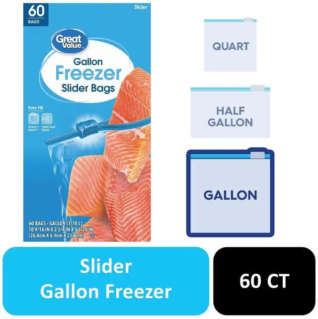 Alt view image 2 of 7 - Great Value Gallon Size Freezer Slider Zipper Bags, SelfStanding Expandable Bottom, Quick Slide Closure for Food Storage & Freezer Organization, 60 Count