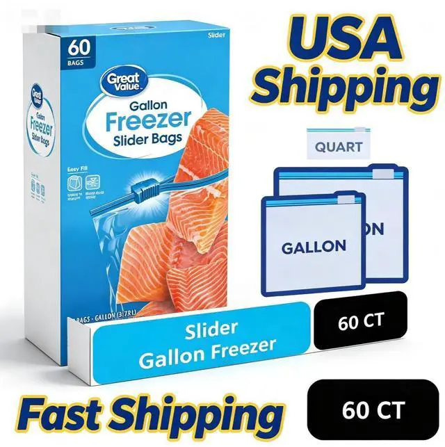 Main image of Great Value Gallon Size Freezer Slider Zipper Bags, SelfStanding Expandable Bottom, Quick Slide Closure for Food Storage & Freezer Organization, 60 Count