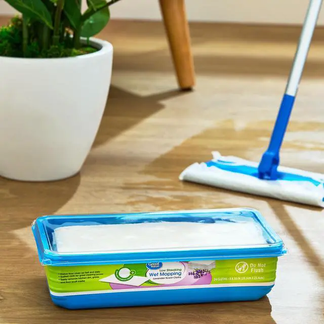 Alt view image 3 of 5 - Great Value LowStreaking Wet Mopping Cloths, Lavender Scent, MultiSurface Floor Cleaning Refills, Safe for Sealed Wood, Vinyl & Tile, 24 Count
