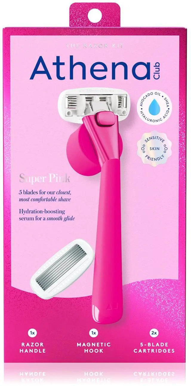 Main image of Athena Club Women's Razor Kit - Shower Holder, Razor Handle, and 2 5-Blade Refills in Super Pink