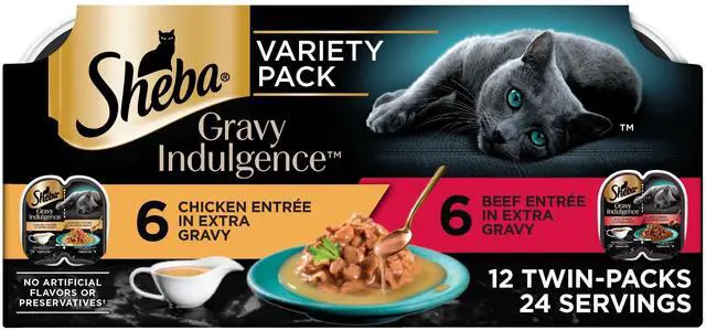 Main image of Sheba Gravy Indulgence Entree Variety Pack Cat Food in Extra Gravy, 2.6 Oz Twin-Pack Trays, 24 Count