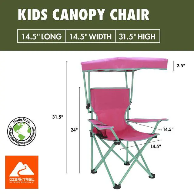 Alt view image 3 of 5 - Ozark Trail Kids Canopy Chair with Safety Lock, 125 lb Capacity, Pink/Green