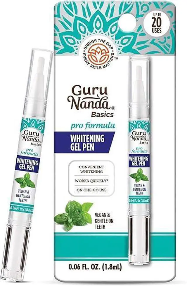 Main image of GuruNanda Teeth Whitening Pen, 0.06 fl oz Up to 20 Uses, Hydrogen Peroxide Whitening Gel Pen, Gentle Vegan Formula, Mint Flavor, Cruelty-Free Portable Teeth Brightener for Daily Use