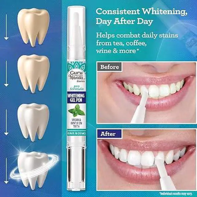 Alt view image 2 of 6 - GuruNanda Teeth Whitening Pen, 0.06 fl oz Up to 20 Uses, Hydrogen Peroxide Whitening Gel Pen, Gentle Vegan Formula, Mint Flavor, Cruelty-Free Portable Teeth Brightener for Daily Use