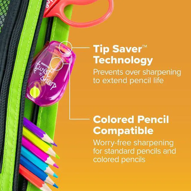 Alt view image 4 of 6 - Bostitch Twist-n-Sharp Manual Pencil Sharpener, Adjustable Tip Sharpener with Tip Saver Technology, Ratchet Mechanism Handheld Pencil Sharpener, Portable Mess-Free Sharpeners for Kids, School, Office,