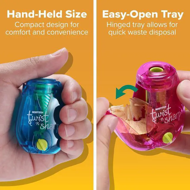 Alt view image 2 of 6 - Bostitch Twist-n-Sharp Manual Pencil Sharpener, Adjustable Tip Sharpener with Tip Saver Technology, Ratchet Mechanism Handheld Pencil Sharpener, Portable Mess-Free Sharpeners for Kids, School, Office,