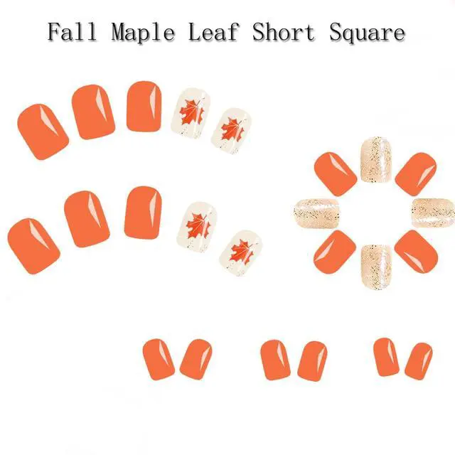 Alt view image 4 of 5 - Fall Maple Leaf Press on Nails, Short Square Glossy Autumn False Nails with Gold Foil Glitter Thanksgiving Design, Reusable ABS Acrylic Stick on Nails for Women Holiday Daily Manicure 24Pcs