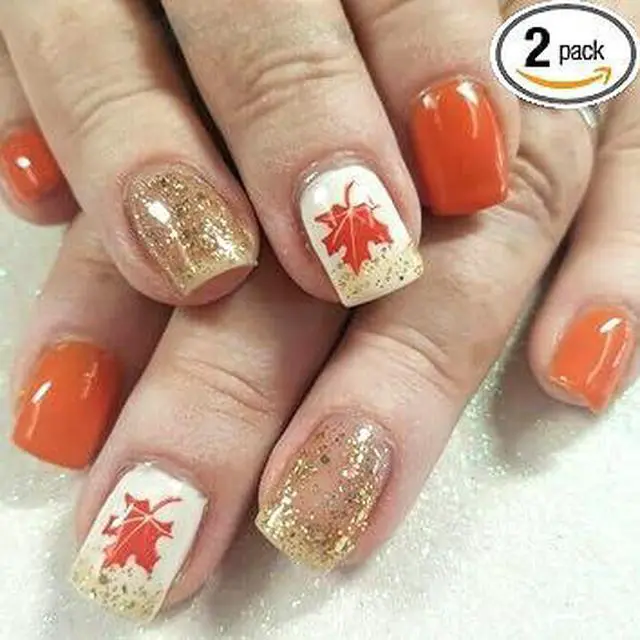 Main image of Fall Maple Leaf Press on Nails, Short Square Glossy Autumn False Nails with Gold Foil Glitter Thanksgiving Design, Reusable ABS Acrylic Stick on Nails for Women Holiday Daily Manicure 24Pcs