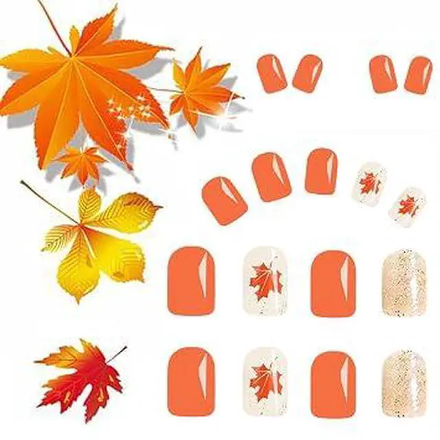 Alt view image 3 of 5 - Fall Maple Leaf Press on Nails, Short Square Glossy Autumn False Nails with Gold Foil Glitter Thanksgiving Design, Reusable ABS Acrylic Stick on Nails for Women Holiday Daily Manicure 24Pcs