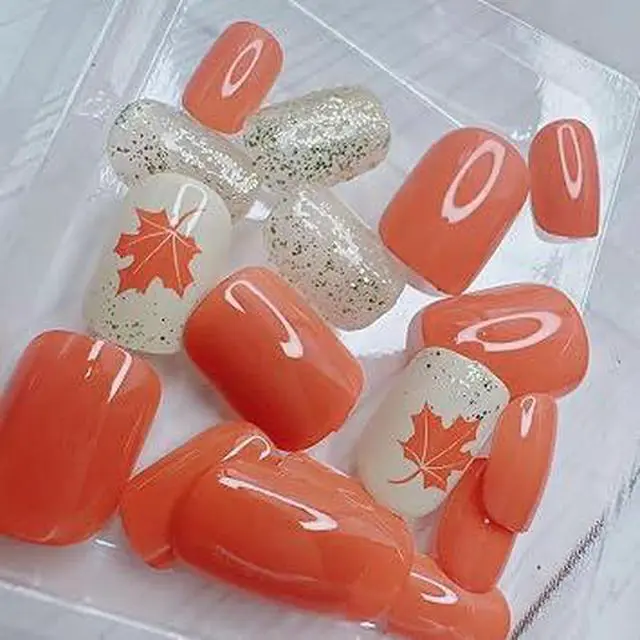 Alt view image 5 of 5 - Fall Maple Leaf Press on Nails, Short Square Glossy Autumn False Nails with Gold Foil Glitter Thanksgiving Design, Reusable ABS Acrylic Stick on Nails for Women Holiday Daily Manicure 24Pcs