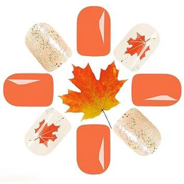 Alt view image 2 of 5 - Fall Maple Leaf Press on Nails, Short Square Glossy Autumn False Nails with Gold Foil Glitter Thanksgiving Design, Reusable ABS Acrylic Stick on Nails for Women Holiday Daily Manicure 24Pcs
