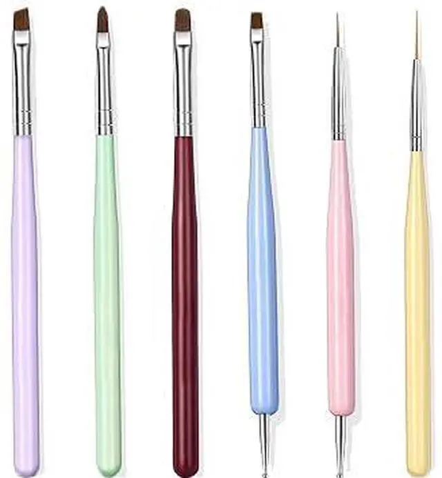 Main image of 6Pcs Professional Nail Art Brushes Set, Multi-Function Nail Liner Brush, Flat Painting Brush, Builder Gel Brush and Multi-Size Dotting Pens, Premium Nylon Precision Nail Design Tools for DIY Gel Nail