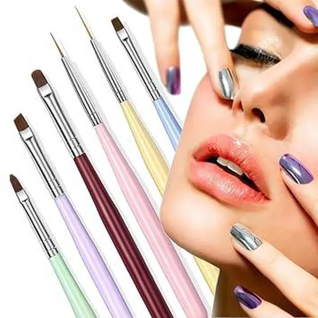 Alt view image 3 of 6 - 6Pcs Professional Nail Art Brushes Set, Multi-Function Nail Liner Brush, Flat Painting Brush, Builder Gel Brush and Multi-Size Dotting Pens, Premium Nylon Precision Nail Design Tools for DIY Gel Nail