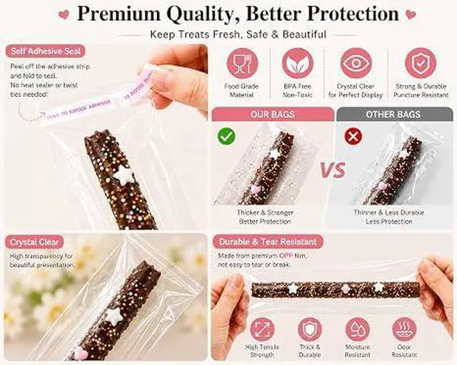 Alt view image 3 of 6 - 100 Pcs 2x10 Inch Clear Self Sealing Cellophane Bags, Thick Resealable Pretzel Rod Bags, Transparent Plastic Treat Favor Bags for Cookie Candy Jewelry Wedding Birthday Holiday Party