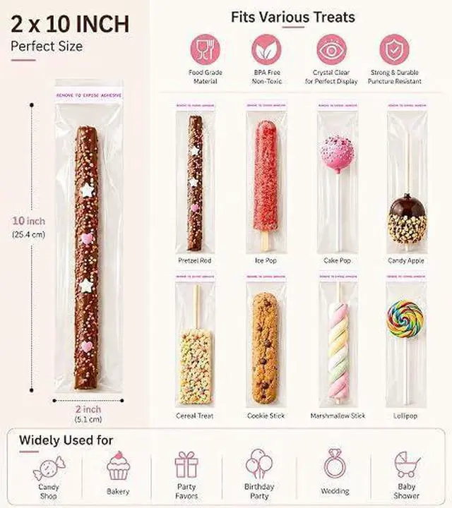 Alt view image 2 of 6 - 100 Pcs 2x10 Inch Clear Self Sealing Cellophane Bags, Thick Resealable Pretzel Rod Bags, Transparent Plastic Treat Favor Bags for Cookie Candy Jewelry Wedding Birthday Holiday Party