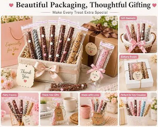 Alt view image 4 of 6 - 100 Pcs 2x10 Inch Clear Self Sealing Cellophane Bags, Thick Resealable Pretzel Rod Bags, Transparent Plastic Treat Favor Bags for Cookie Candy Jewelry Wedding Birthday Holiday Party
