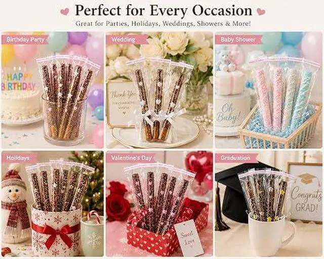 Alt view image 6 of 6 - 100 Pcs 2x10 Inch Clear Self Sealing Cellophane Bags, Thick Resealable Pretzel Rod Bags, Transparent Plastic Treat Favor Bags for Cookie Candy Jewelry Wedding Birthday Holiday Party