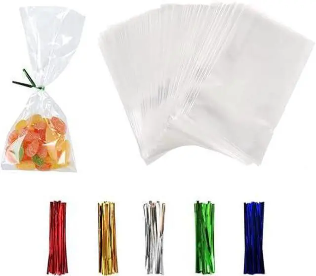 Main image of XLSFPY 100Pcs Clear OPP Cellophane Treat Bags 3x4 Inch, Small Transparent Candy Favor Bags with 100 Colorful Metallic Twist Ties, FoodSafe Plastic Bags for Cake Pop, Lollipop, Cookie, Birthday, Weddi