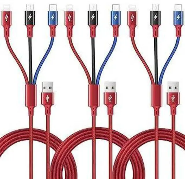 Main image of 3Pack 5FT 3in1 Braided Multi Charging Cable, Universal Fast Charger Cord with Lightning/USBC/MicroUSB Ports, MultiDevice Charging Cable for iPhone, Samsung, Tablets, PS and More