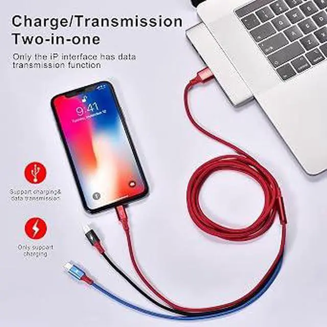 Alt view image 3 of 6 - 3Pack 5FT 3in1 Braided Multi Charging Cable, Universal Fast Charger Cord with Lightning/USBC/MicroUSB Ports, MultiDevice Charging Cable for iPhone, Samsung, Tablets, PS and More