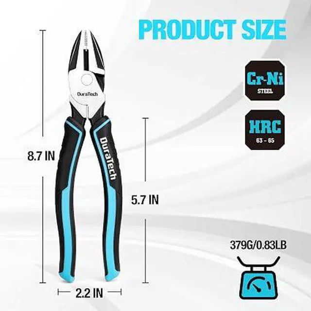 Alt view image 7 of 7 - 8 Inch HighLeverage Lineman's Pliers, DURATECH HeavyDuty Side Cutters, CrNi Alloy MultiFunction Pliers with NonSlip Comfort Grips for Electrical Work