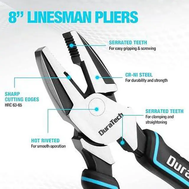 Alt view image 3 of 7 - 8 Inch HighLeverage Lineman's Pliers, DURATECH HeavyDuty Side Cutters, CrNi Alloy MultiFunction Pliers with NonSlip Comfort Grips for Electrical Work
