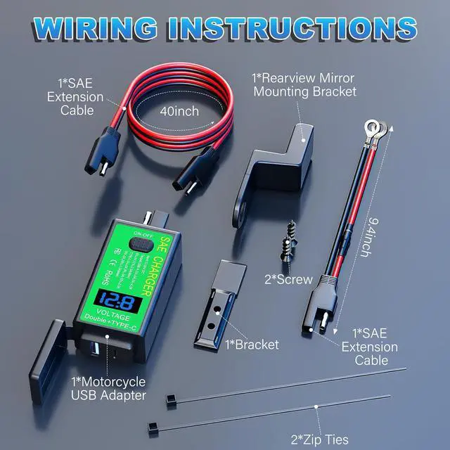 Alt view image 2 of 7 - Dual Fast Charging Motorcycle Charger, YONHAN USB-C PD + USB-A QC3.0 SAE Power Adapter, Waterproof Motorcycle Power Outlet with LED Voltage Display & ON/OFF Switch