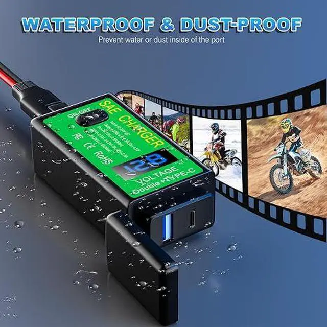 Alt view image 7 of 7 - Dual Fast Charging Motorcycle Charger, YONHAN USB-C PD + USB-A QC3.0 SAE Power Adapter, Waterproof Motorcycle Power Outlet with LED Voltage Display & ON/OFF Switch