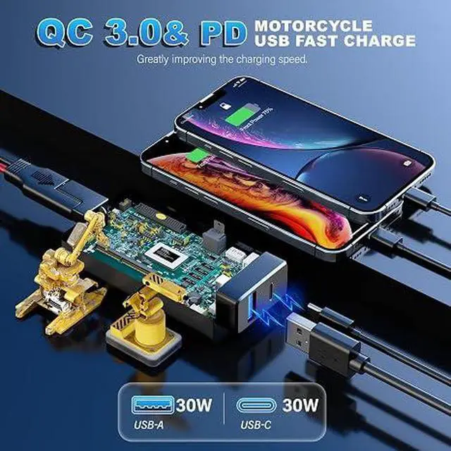 Alt view image 5 of 7 - Dual Fast Charging Motorcycle Charger, YONHAN USB-C PD + USB-A QC3.0 SAE Power Adapter, Waterproof Motorcycle Power Outlet with LED Voltage Display & ON/OFF Switch