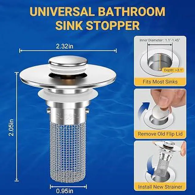Alt view image 5 of 6 - Universal Pop-Up Sink Stopper Strainer, 2PCS 304 Stainless Steel Hair Catcher Drain Filter for Bathroom Shower Bathtub