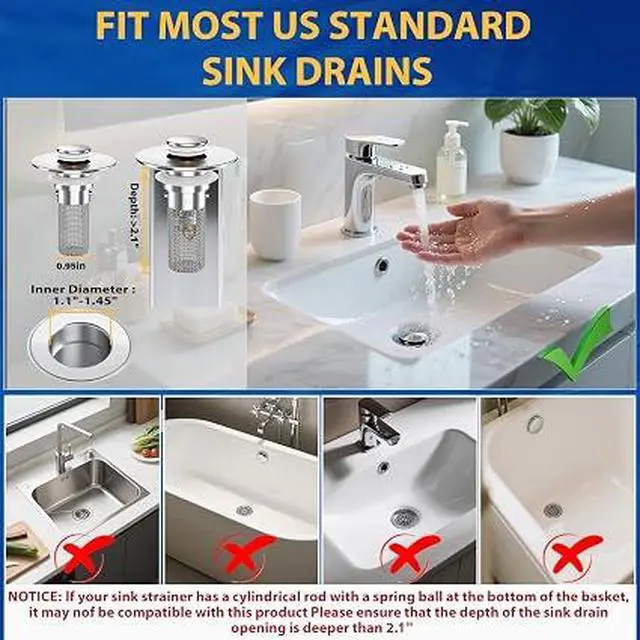 Alt view image 3 of 6 - Universal Pop-Up Sink Stopper Strainer, 2PCS 304 Stainless Steel Hair Catcher Drain Filter for Bathroom Shower Bathtub