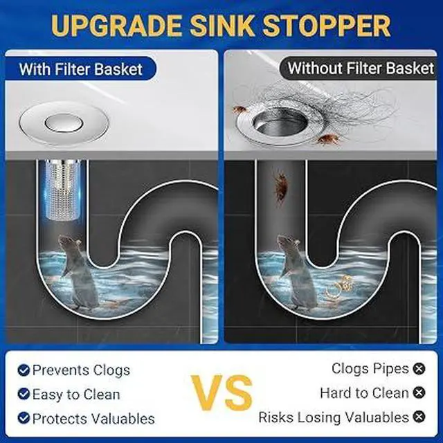 Alt view image 2 of 6 - Universal Pop-Up Sink Stopper Strainer, 2PCS 304 Stainless Steel Hair Catcher Drain Filter for Bathroom Shower Bathtub