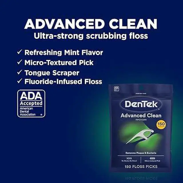 Alt view image 2 of 7 - 150 Count DenTek Advanced Clean Floss Picks, Ultra-Strong Fluoride Mint Flossers, 3-in-1 Plaque Remover with Toothpick & Tongue Scraper for Daily Oral Care