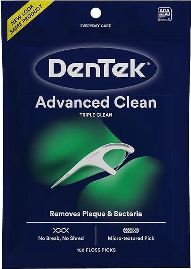 Main image of 150 Count DenTek Advanced Clean Floss Picks, Ultra-Strong Fluoride Mint Flossers, 3-in-1 Plaque Remover with Toothpick & Tongue Scraper for Daily Oral Care