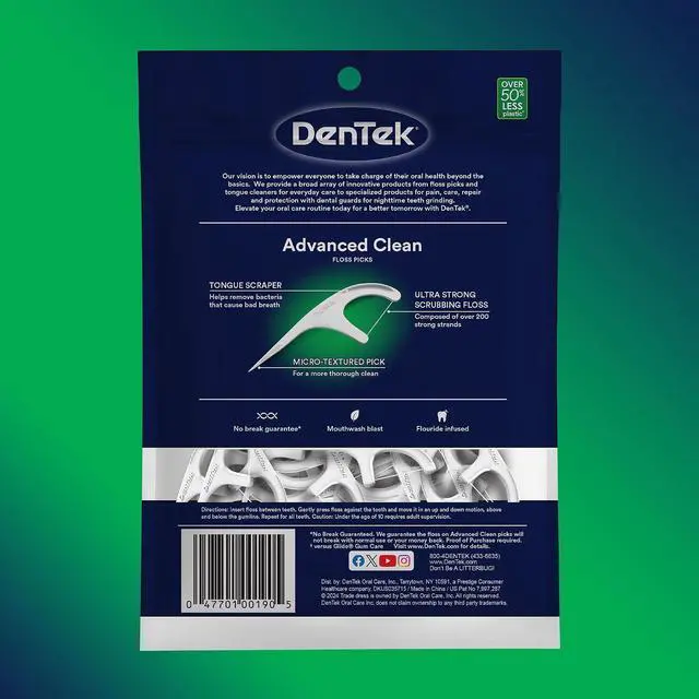Alt view image 7 of 7 - 150 Count DenTek Advanced Clean Floss Picks, Ultra-Strong Fluoride Mint Flossers, 3-in-1 Plaque Remover with Toothpick & Tongue Scraper for Daily Oral Care