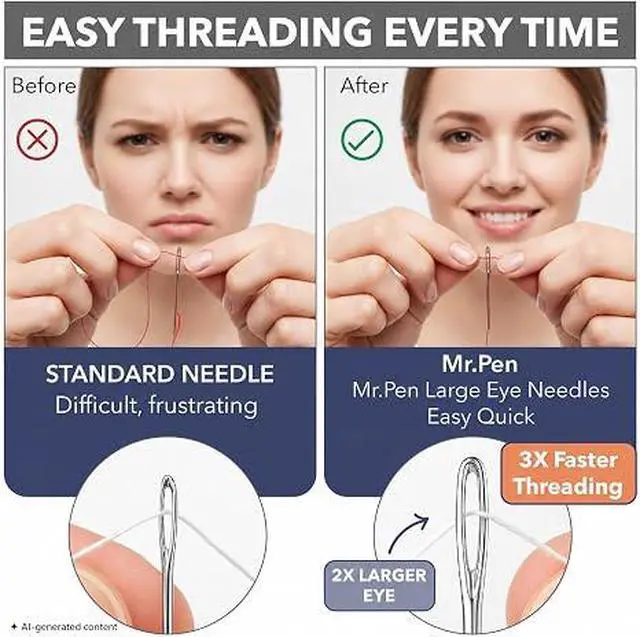 Alt view image 4 of 7 - 50 Pack Large Eye Sewing Needles, 5 Assorted Sizes Easy Thread Steel Needles Set for Hand Sewing & Embroidery