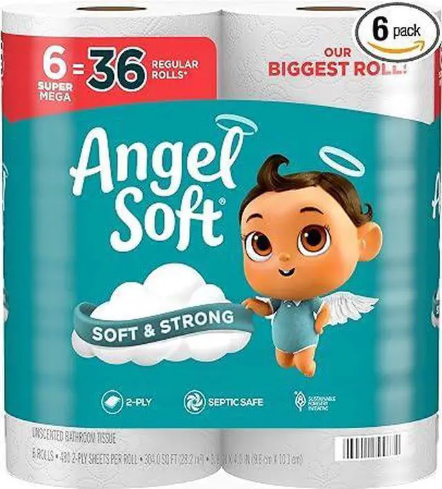 Main image of Angel Soft Super Mega Toilet Paper, 6 Rolls = 36 Regular Rolls, 2-Ply Soft Strong Bathroom Tissue