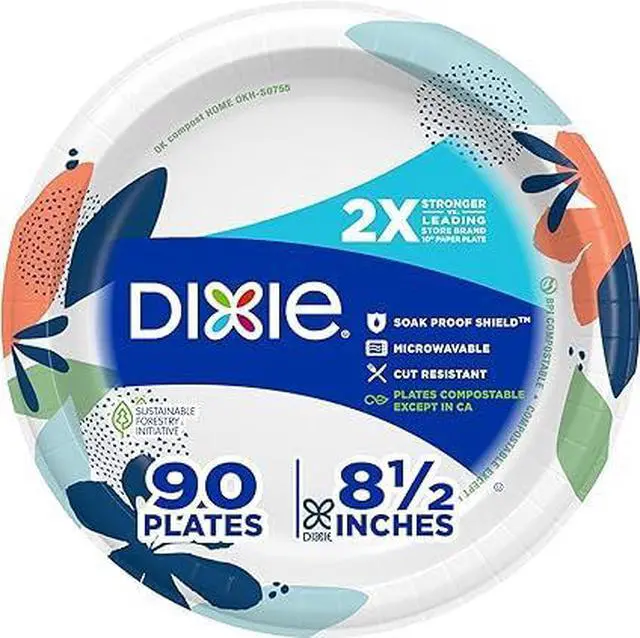 Main image of 1. Dixie 8.5 Inch Disposable Paper Plates, 90 Count 2X Stronger Microwave Safe Plates