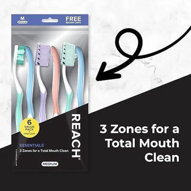 Alt view image 2 of 5 - 1. Reach Essentials Medium Toothbrushes, 6 Count Family Toothbrush with Travel Covers