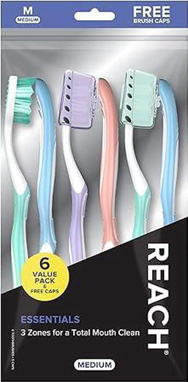 Main image of 1. Reach Essentials Medium Toothbrushes, 6 Count Family Toothbrush with Travel Covers