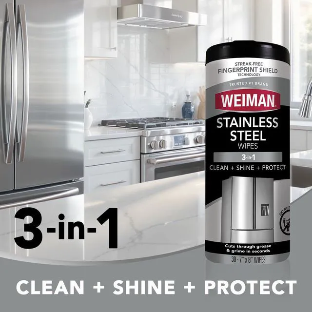 Alt view image 3 of 7 - Weiman Stainless Steel Cleaner & Polisher Wipes, 30 Count, StreakFree Cleans, Polishes & Protects Kitchen Appliances, Safe for Black Stainless Steel